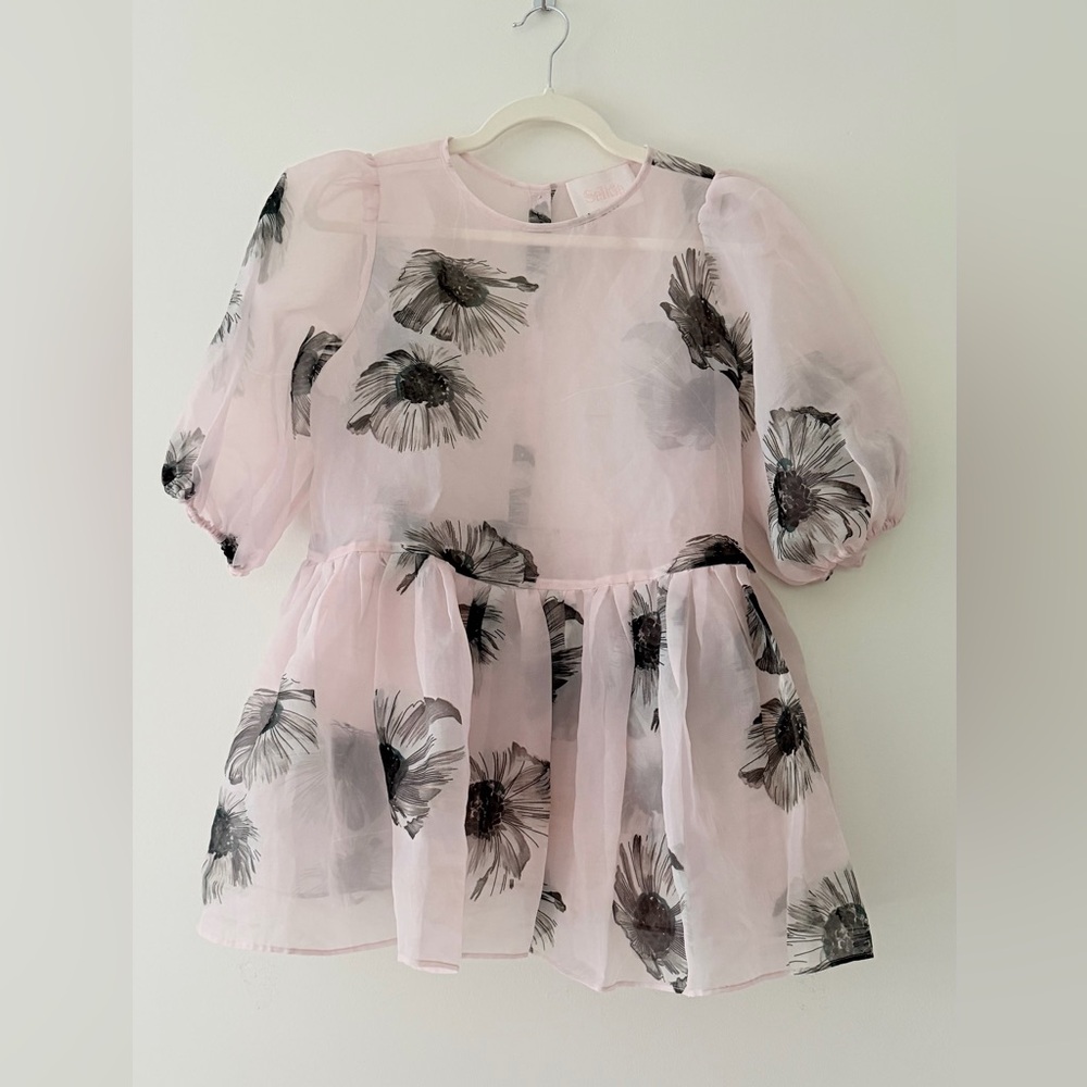 Selkie Pink Macaron Floral Daisy Sheer Puff Sleeve Blouse Top Jacket, sz 4